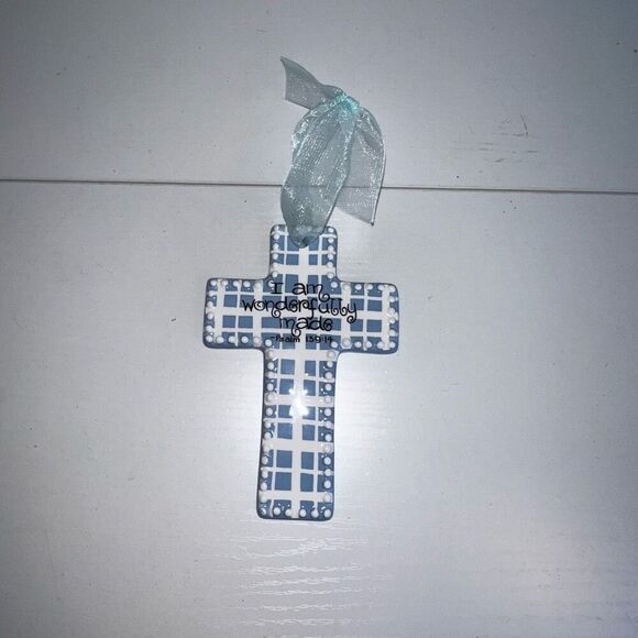Sue Berk Designs Ceramic Glazed Cross Blue White I Am Wonderfully Made Baby Gift - Picture 1 of 6